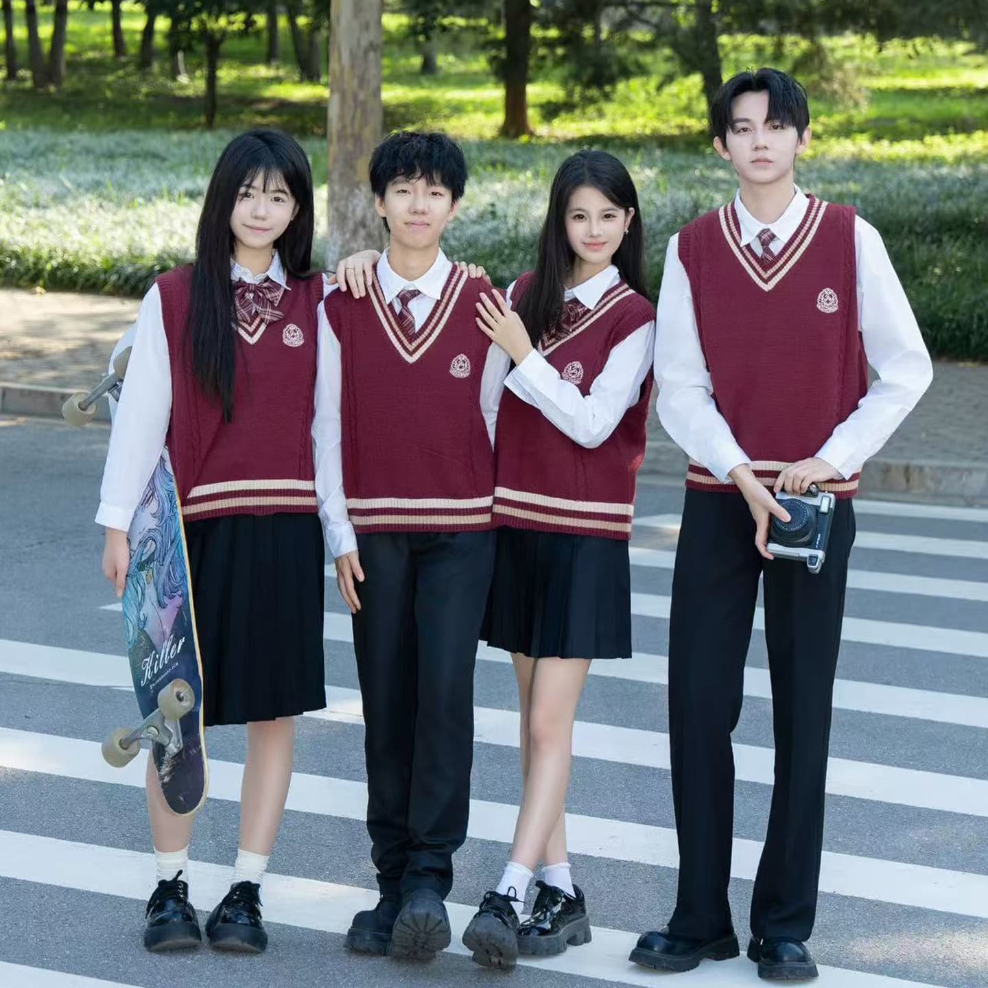 Preppy style red vest layered over a white shirt JK uniform set, student class uniform, ID photo, graduation gown
