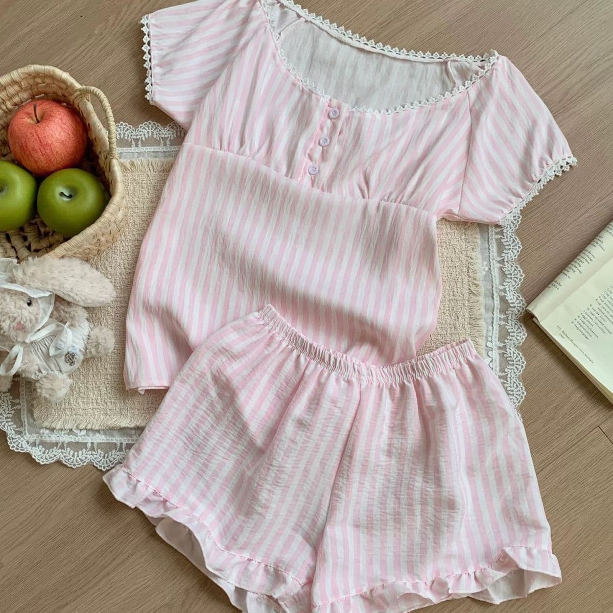Pink Lace Pajamas Summer New Short Sleeve Shorts Sweet Striped Cute Girls' Homewear Two-Piece Set