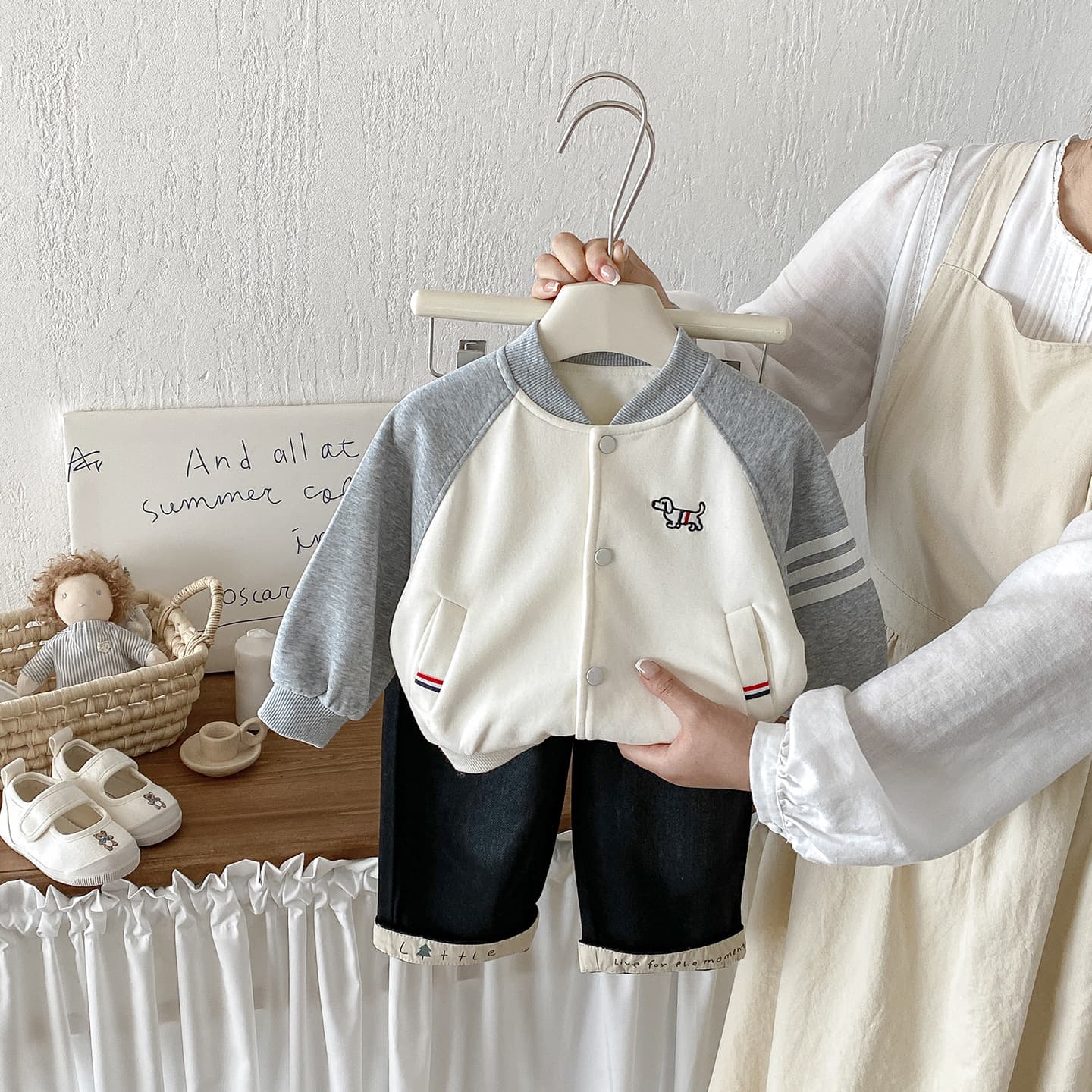 Dianxi Baby Cartoon Embroidered Color-Block Knit Jacket Boys Autumn New Loose Jeans Two-Piece Set