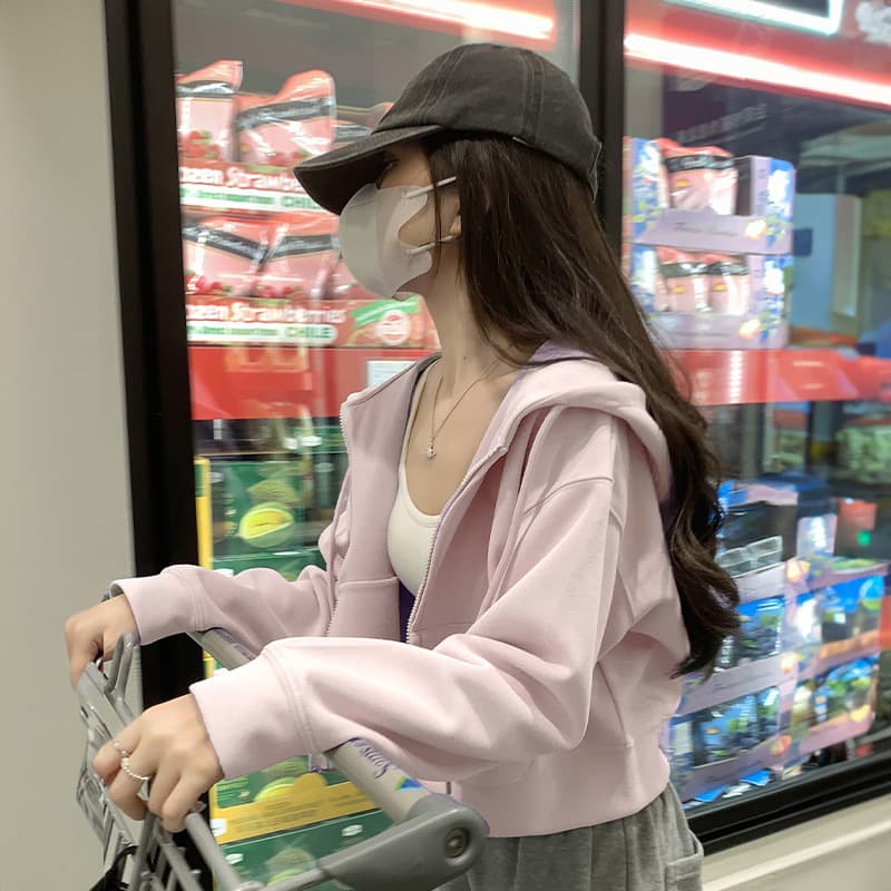 Women's Gray Hoodie Jacket Fall 2025 New Korean Style Short Cropped Slimming Zip-Up Top for Petite