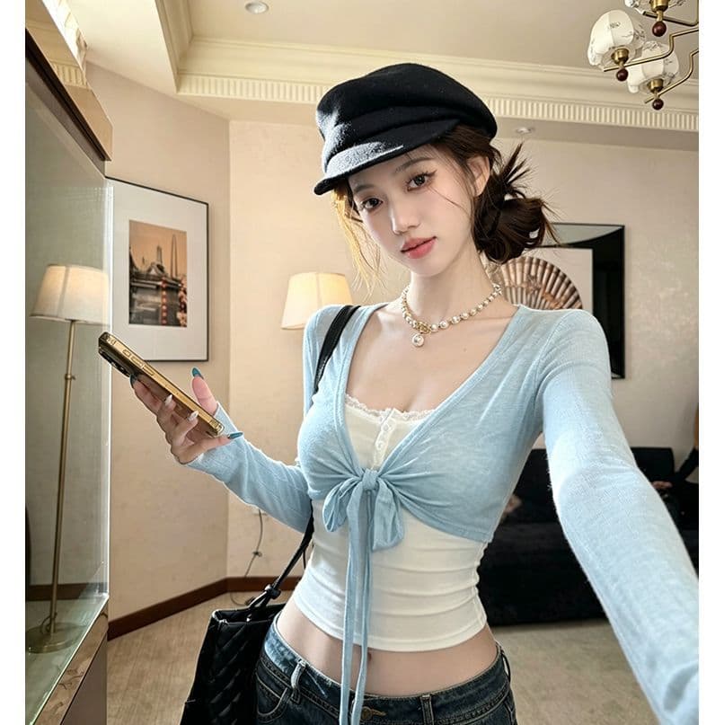 Original Pure Desire Lace Trim Halter Vest Two-Piece Set Women's Summer New Slim Fit Crop Top