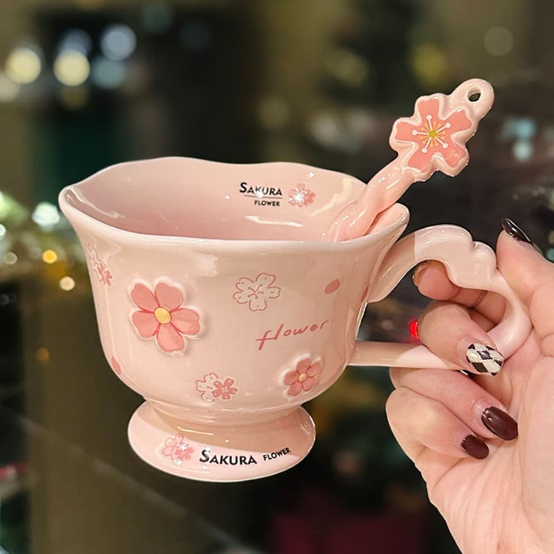High-end cherry blossom embossed ceramic water cup, good-looking girl's design coffee cup, wide-mouth breakfast mug