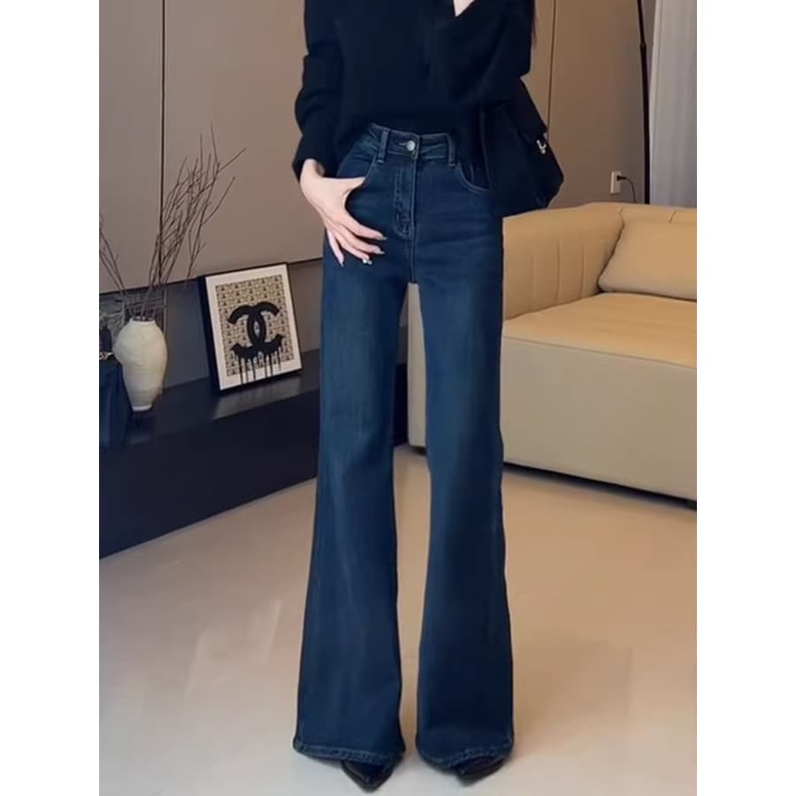 Plus Size Blue Retro Loose Flare Jeans for Women Spring Autumn Curvy High Waist Stretch Straight Floor-Length Bell Bottoms