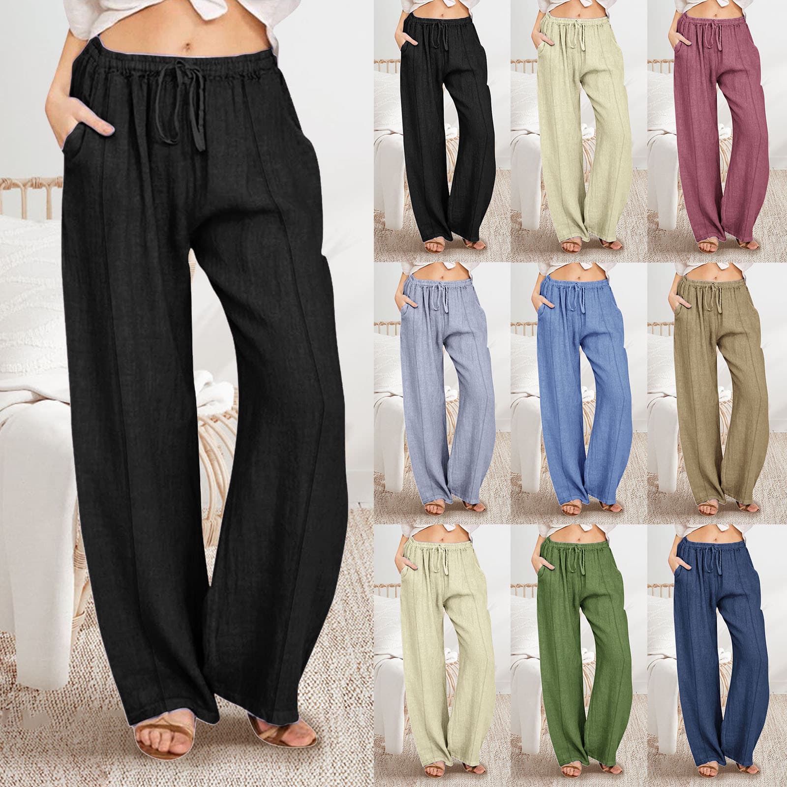 Cross-border Women's Fashion 2025 New Style Loose Cotton Linen Casual Long Pants for Amazon eBay Plus Size