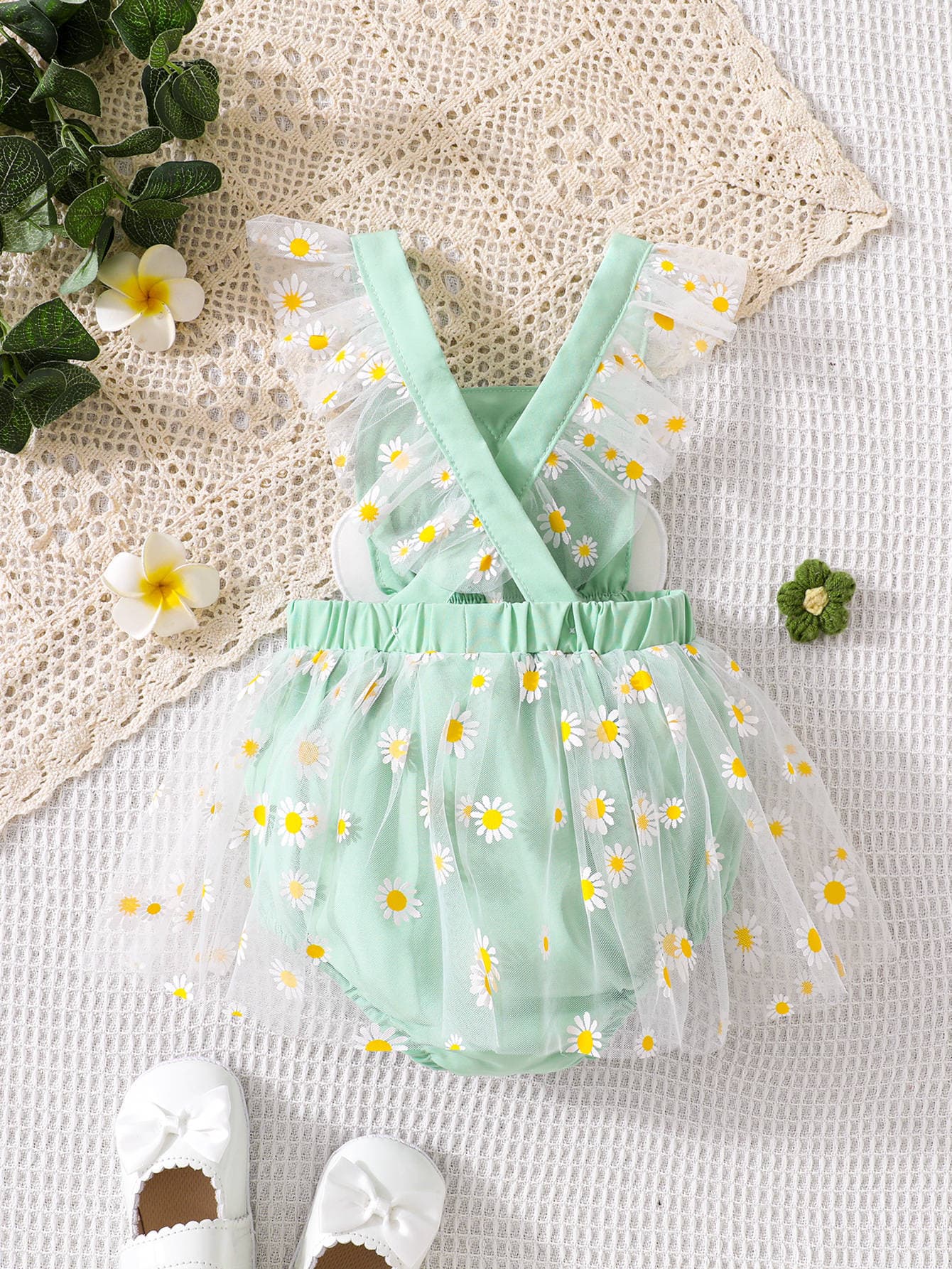 Children's Day Gift Girls Summer Baby Daisy Embroidered Mesh Strap Romper Crawling Bodysuit