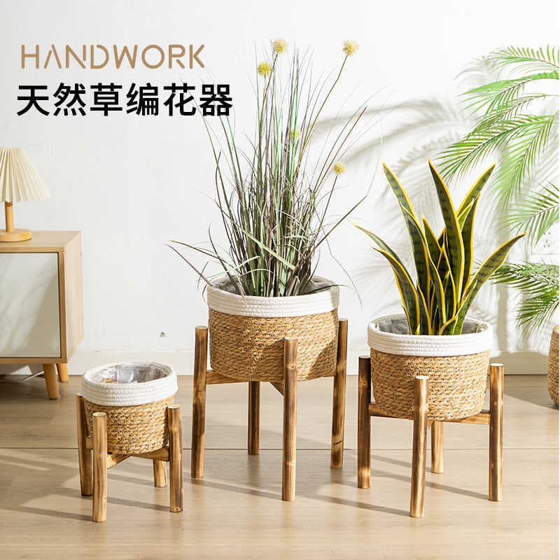 Home Decor Wooden Base Flower Basket Planter Set Handwoven Balcony Basket Straw Woven Floor-standing Flower Pot Stand