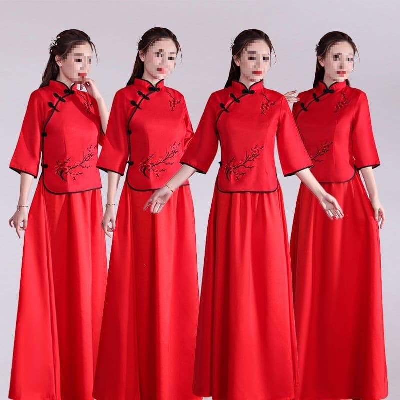 Chinese-style Bridesmaid Dress Autumn New Sister Group Guzheng Performance Outfit Chorus Dress Republic-era Bridesmaid Dress Retro Women's Clothing