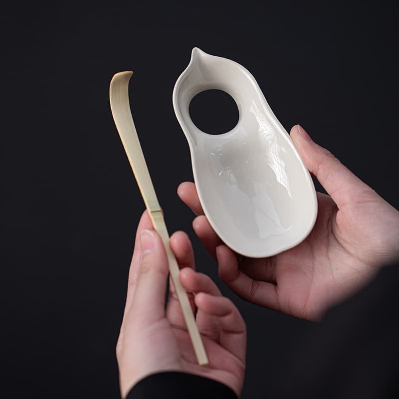 Plant Ash Ceramic Gourd Tea Scoop and Pick Set, Household Tea Shovel, High-End Chinese Style Simple Tea Holder and Tea Accessories