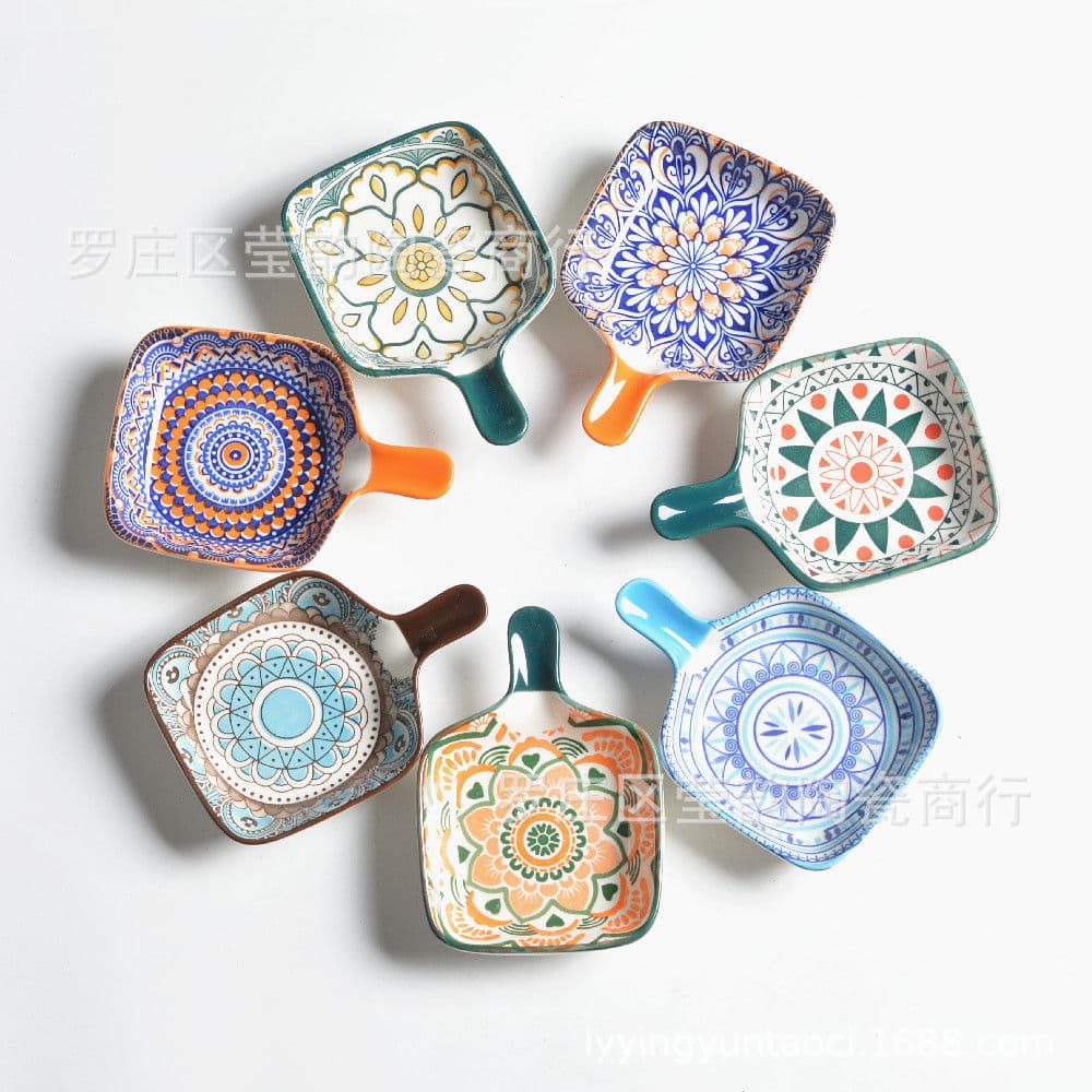 Bohemian Home Ceramic Sauce Dish Seasoning Plate Hot Pot Dish Creative Japanese Snack Soy Sauce Condiment Dish with Handle