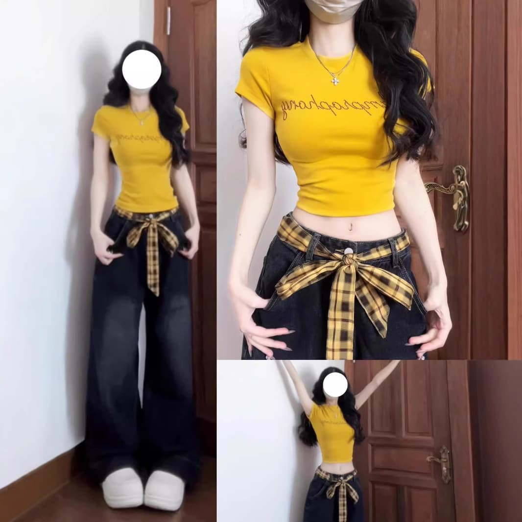 Yellow letter hot diamond right shoulder short-sleeved T-shirt for women summer slimming American hot girl short design top