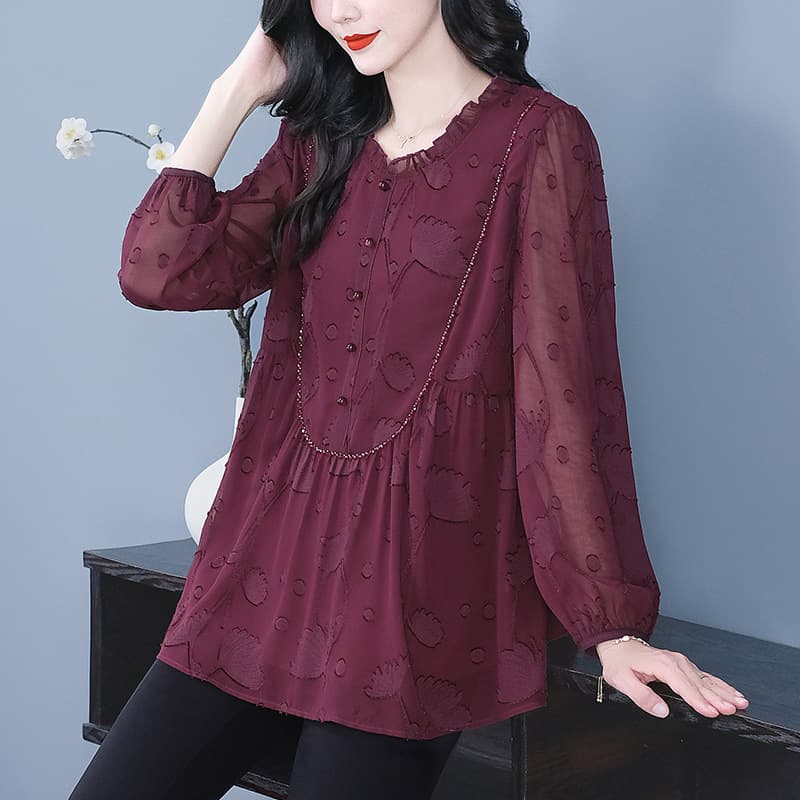 2025 Autumn New Fashion High-End Jacquard Chiffon Loose A-line Princess Long-Sleeve Shirt Top Plus Size Women's Clothing