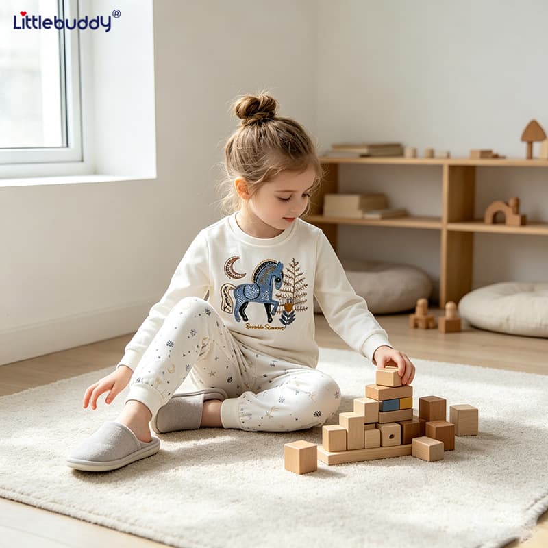 Cross-Border Children's Cream White Pony Print Long-Sleeve Loungewear Set Boys and Girls Spring/Autumn Pajamas Air Conditioning Wear Two-Piece
