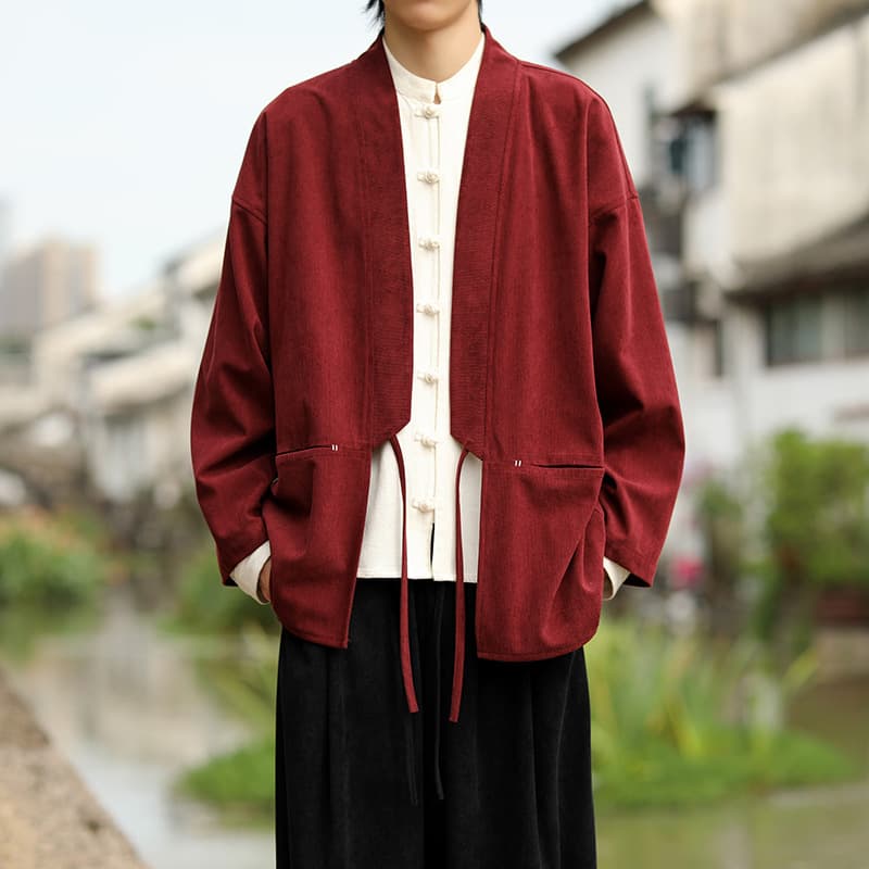 2025 Autumn New Chinese Style Men's Clothing Corduroy Solid Color Cardigan Kimono Large Size Retro Trend Taoist Robe Jacket