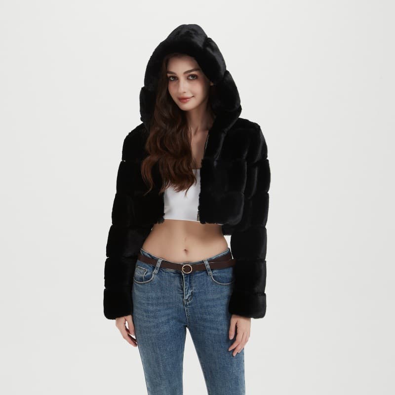 AliExpress Amazon Europe America Cross-border 2026 Fall Winter Hooded Faux Fur Jacket Women Short Coat Patchwork Top