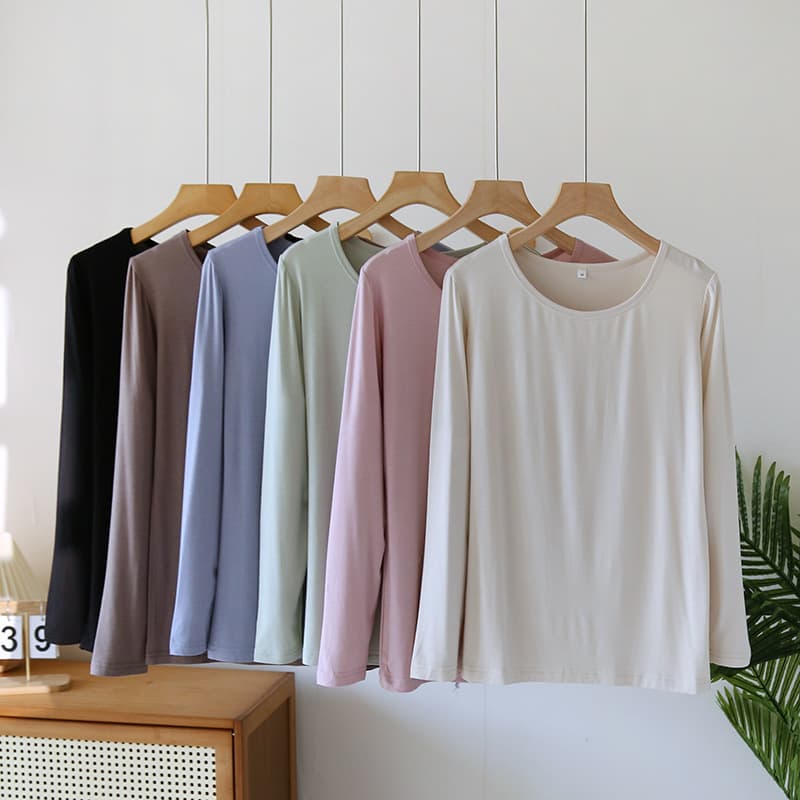 Modal Women's Thin Thermal Top, Spring/Autumn Long-Sleeve Base Shirt, Round Neck Casual, Plus Size Solid Color Loose T-Shirt