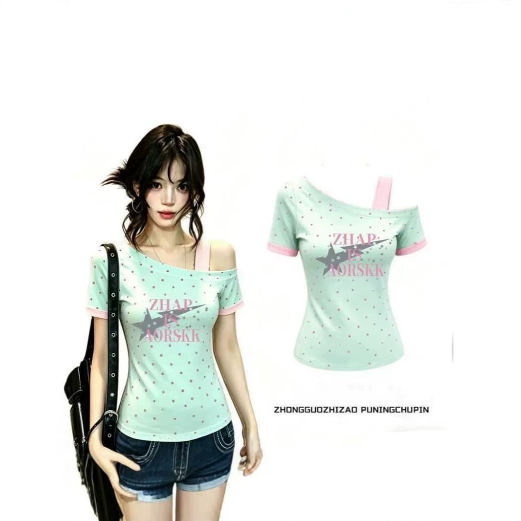 Off-Shoulder Strap Short-Sleeve Slim Fit Mint Green Cute Dopamine Style Light Luxury Niche Hot-Selling Super Stylish Women's Top