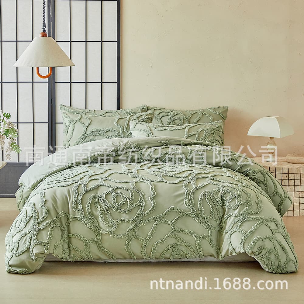 Cross-border Trade Supply European Style Solid Color Simple Cut-flower Tufted 3D Floral Bedding Duvet Cover Pillowcase Set