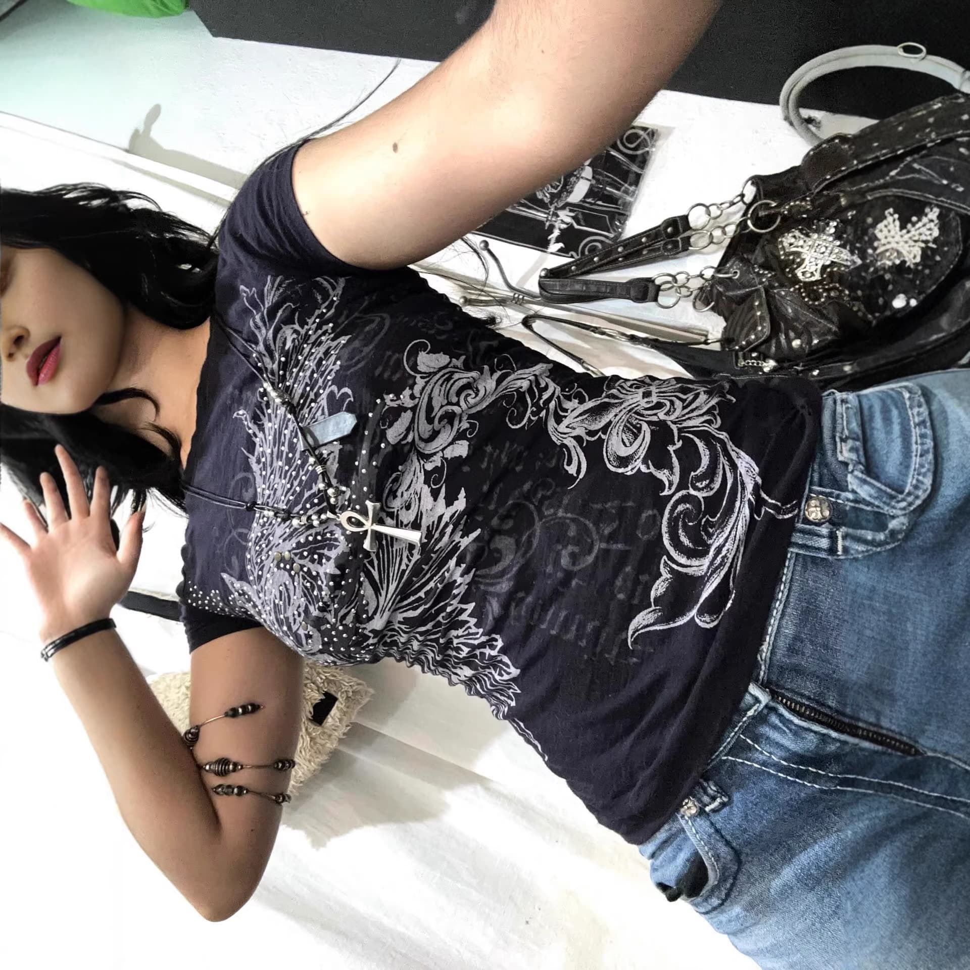 Cross-border Gothic Millennium Retro Street Hot Girl Slim Y2K Printed Short Sleeve T-Shirt Round Neck Rhinestone Top