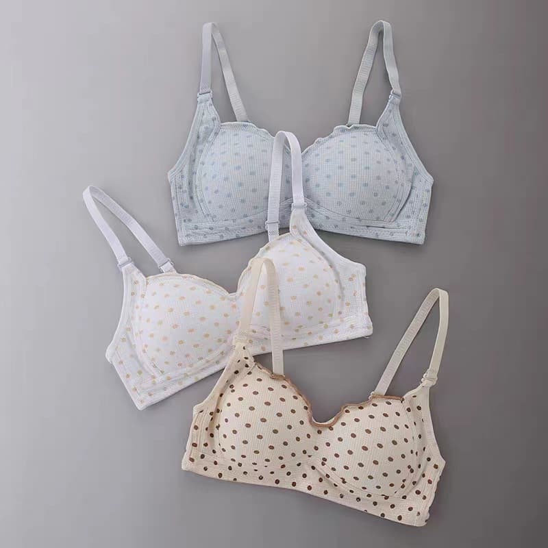 High School Students Small Bust Color Block Polka Dot Push-Up Bras, Wire-Free, Side Boob Control, Breathable Underwear for Women, Summer Thin Style
