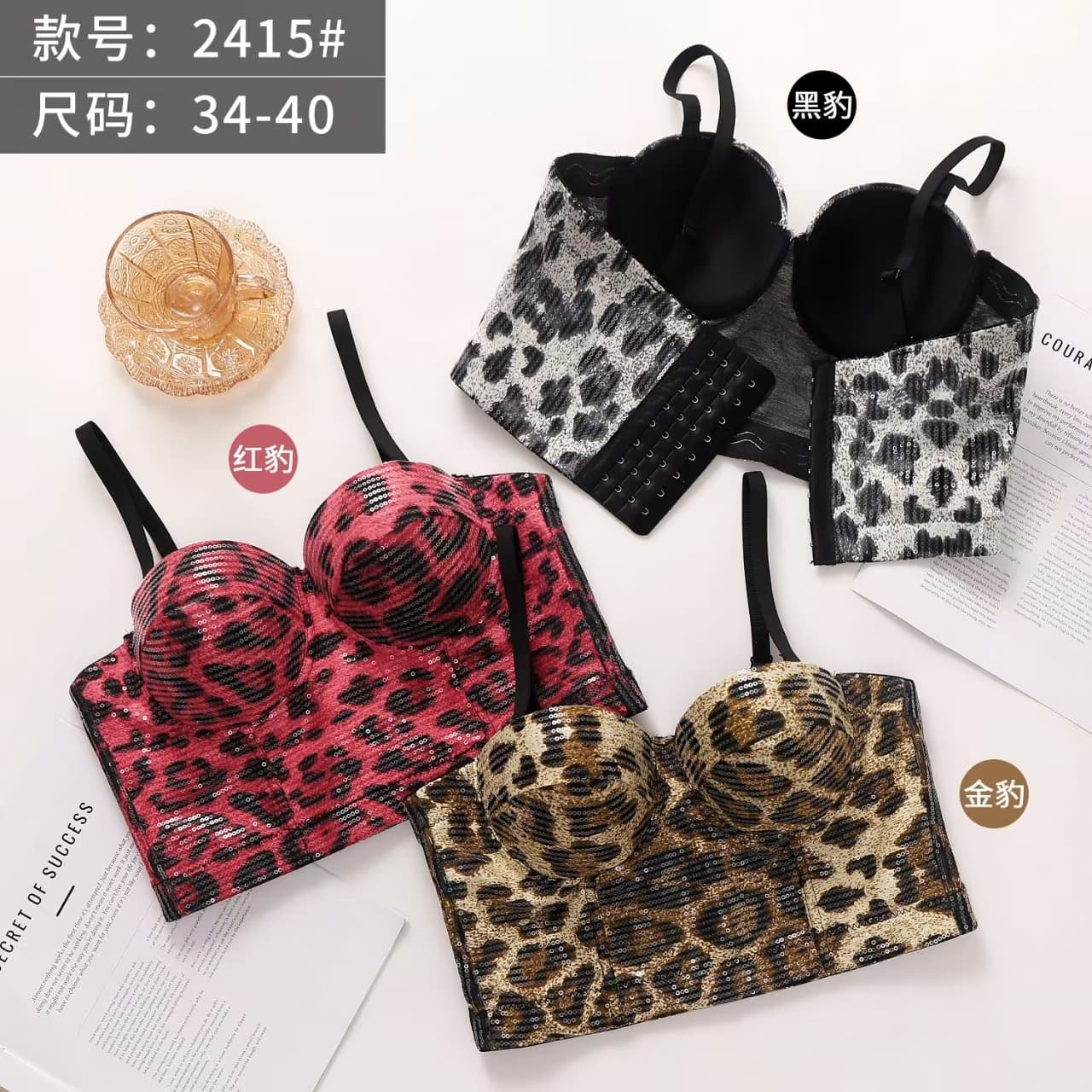 Cross-border Sexy Leopard Print Fishbone Corset with Padded Cups, Wearable Outside, Live Stream Nightclub DJ Sequins Bodysuit