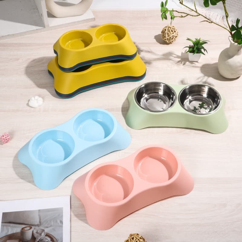 Colorful Plastic Thickened Pet Bowl, Double Bowl for Cats and Dogs, Anti-Spill Dog Bowl, Water and Food Feeder, Cat Food Bowl