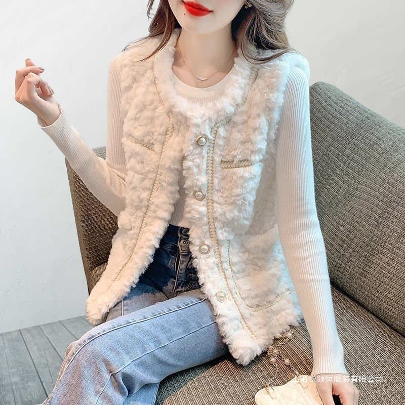 2024 New Style Little Fragrance Wind Vest Jacket Women's Lamb Wool Fluffy Cotton Padded Thick Petite Sleeveless Loose Outerwear