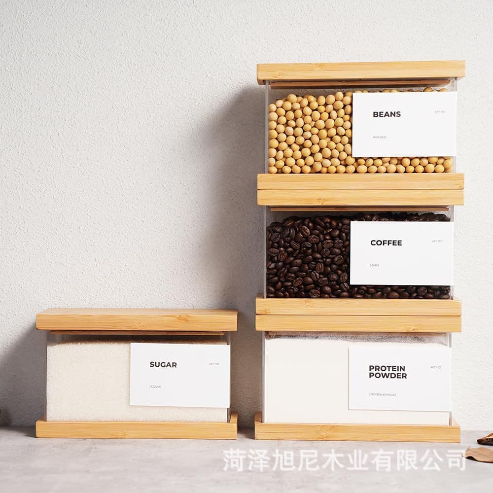 Bamboo Storage Box Kitchen Food Organizer Grain Dispenser Cereal Nuts Sliding Lid Solid Wood Storage Container