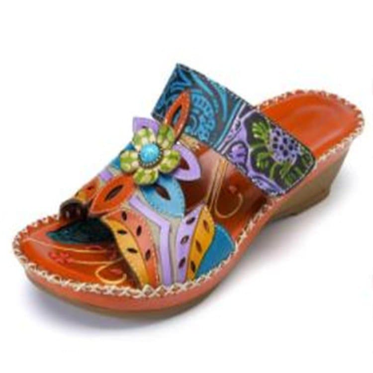 Cross-border foreign trade ethnic style sandals for women new summer color matching wedge heel totem 43 large size sandals for women size 43