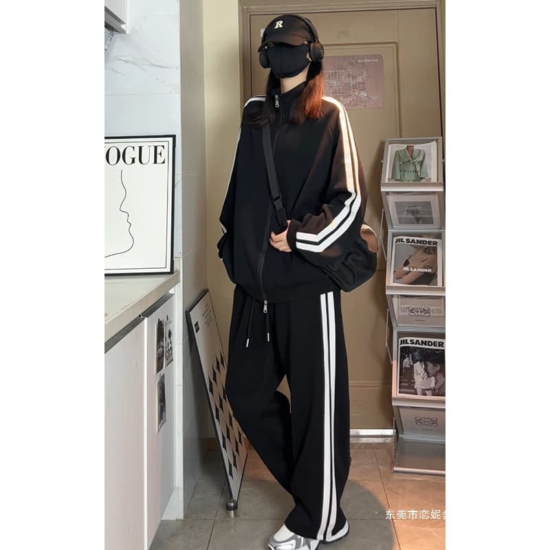 American Striped Heavyweight Sports Suit Men's Spring American Cardigan Sweater Jacket Loose Casual Pants Two-piece Set