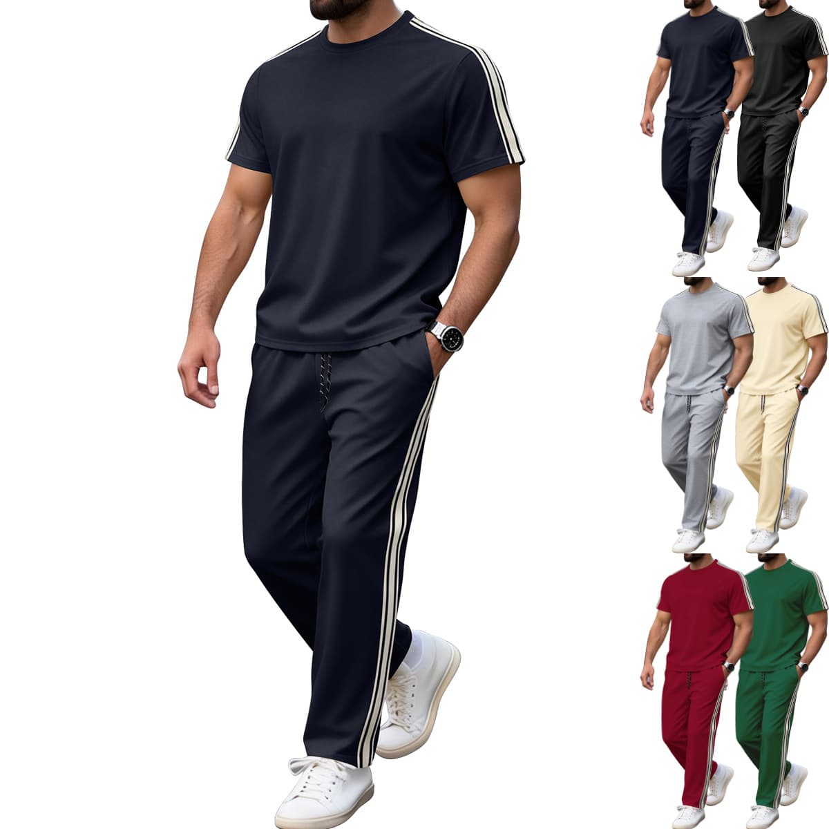 Amazon US/EU Cross-Border Summer New Men's Casual Set with Taped Details, Versatile Short-Sleeve and Long-Pants Athletic Set for Men