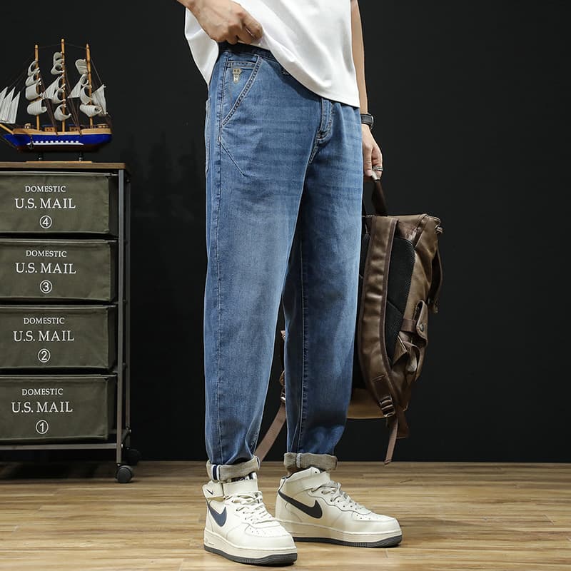 Plus Size Men's Clothing 2024 Spring Summer New Lightweight Breathable Ice Jeans Men's Loose Elastic Waist Skinny Trousers
