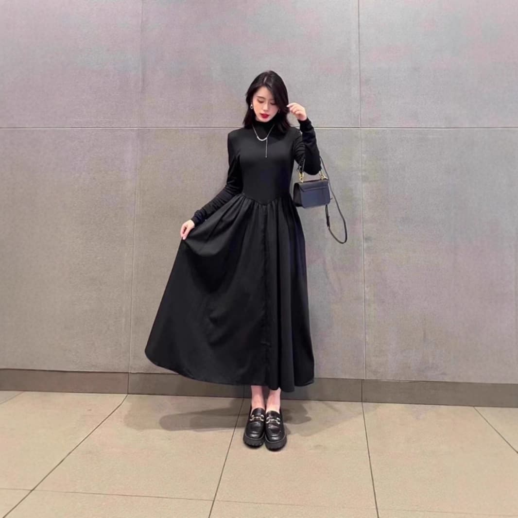 The same style women's clothing in Gejia shopping mall 2025 autumn plus velvet waist long-sleeved dress black single-sided German velvet