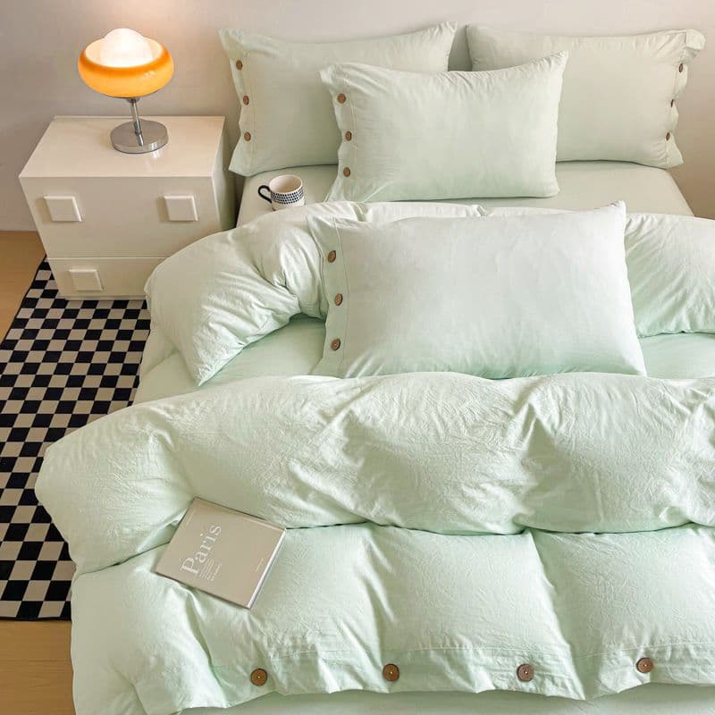 Mengsai Yang Category A Solid Color Buttoned Soft Washed Cotton Bedding Four-Piece Set, Student Dorm Sheet Three-Piece Set Factory