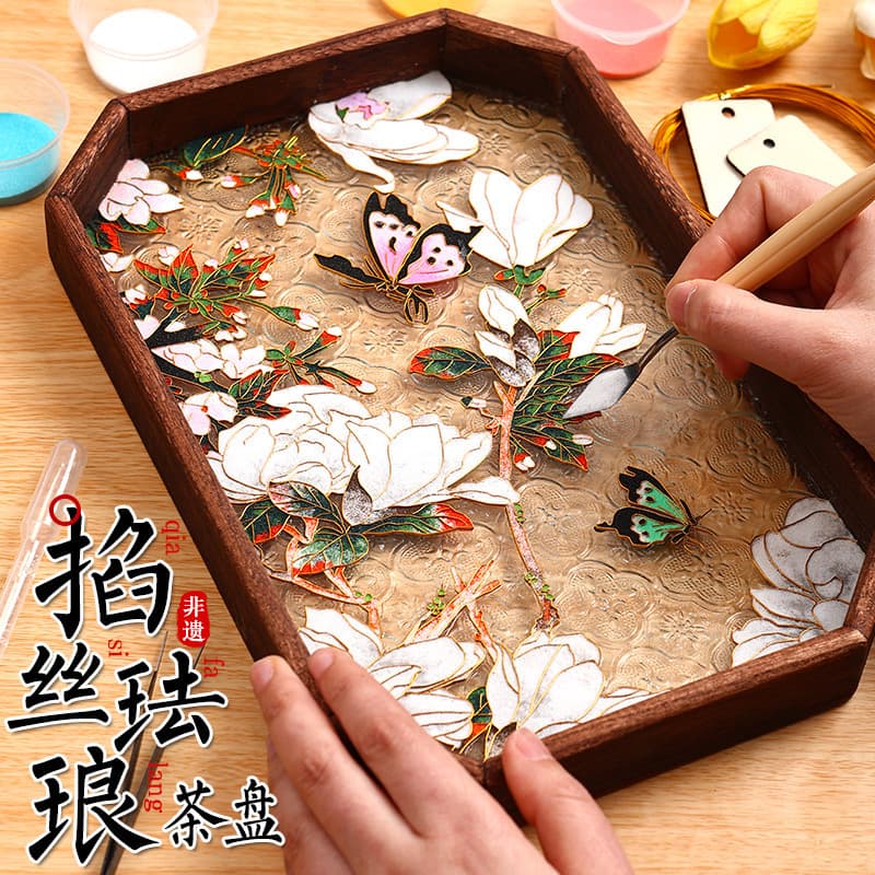 Cloisonné enamel art materials for intangible cultural heritage handmade DIY begonia glass tea tray ornament, decorative gift.