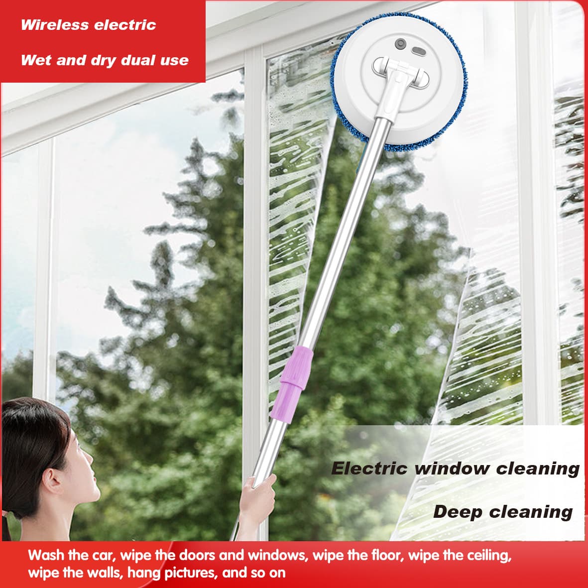 New cross-border wireless electric rotating wet and dry mop for cleaning windows, ceilings, interior and exterior windows, and high-altitude surfaces.