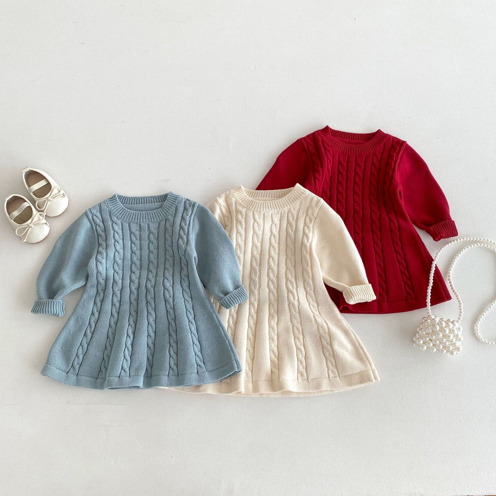 2024 new medium-small children Korean-style girls' sweater dress cable knit round neck long sleeve warm autumn winter knit dress