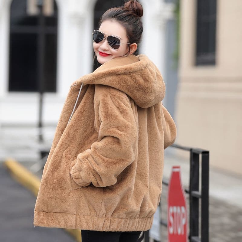 Flannel Hooded Coat for Women, Mid-Length Winter New Style, Korean Loose Fit, Fleece-Lined Warm Long Sleeve Short Coat