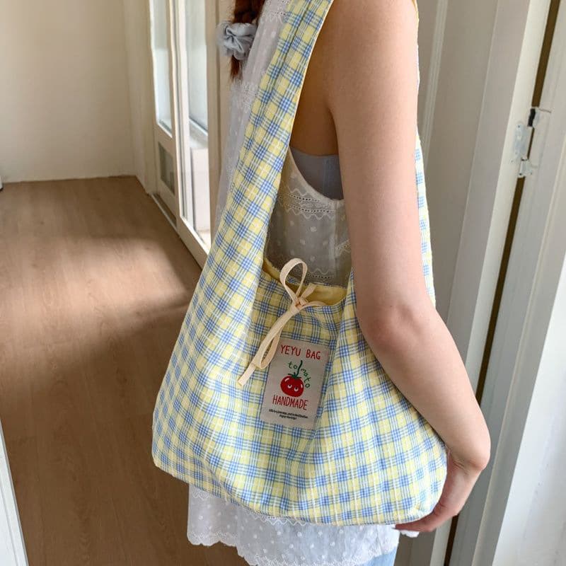 Korean Style Cartoon Tomato Plaid Bag Large Capacity Shoulder Bag Spring Summer New Versatile Canvas Bag Student School Bag