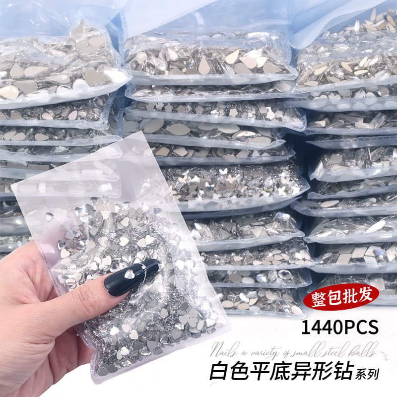 Wholesale 1440 white flat bottom special-shaped diamonds mini large and small transparent diamond love butterfly nail manicure accessories