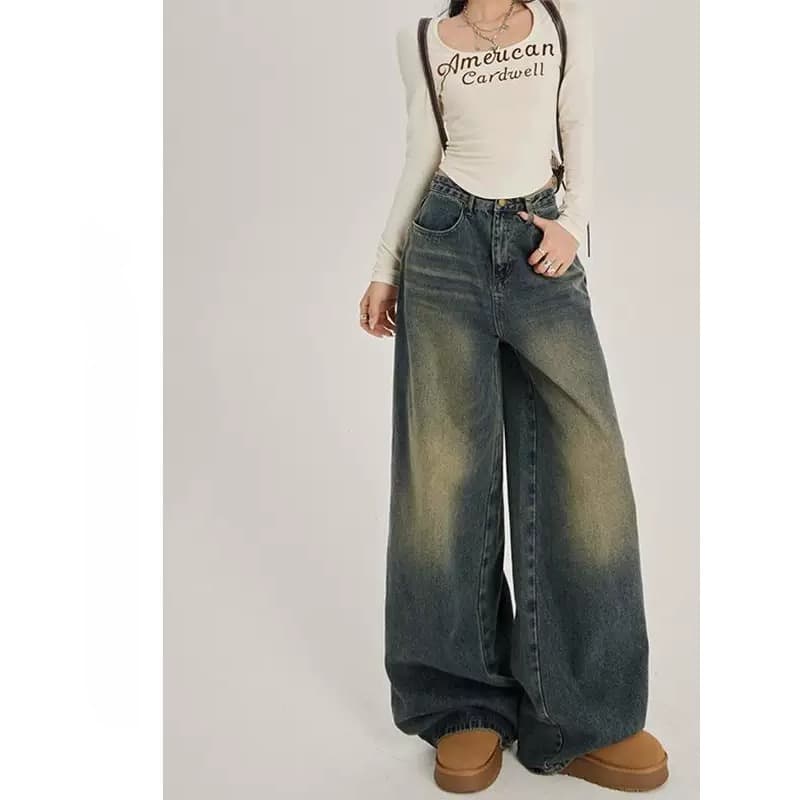 Trendy Retro Wide-Leg Jeans for Women Spring/Summer New High-Waist Loose Fit Slimming Draped Straight-Leg Floor-Length Pants