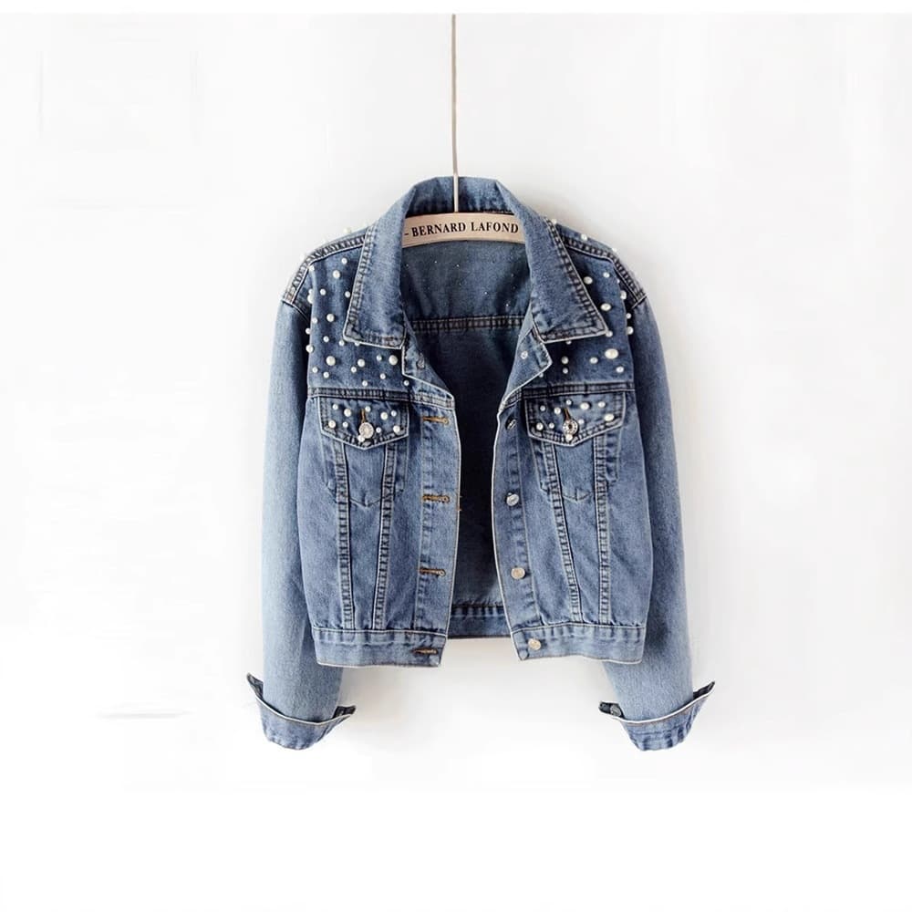 Cross-border 2026 Amazon Women's Short Denim Jacket Women's Export Beaded Pearl Loose Spring Autumn New Denim