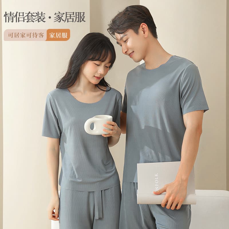Couples Summer Ice Silk Thin Short Sleeve Round Neck Sleepwear Pants Set Home Clothes Comfortable Breathable Nightgown