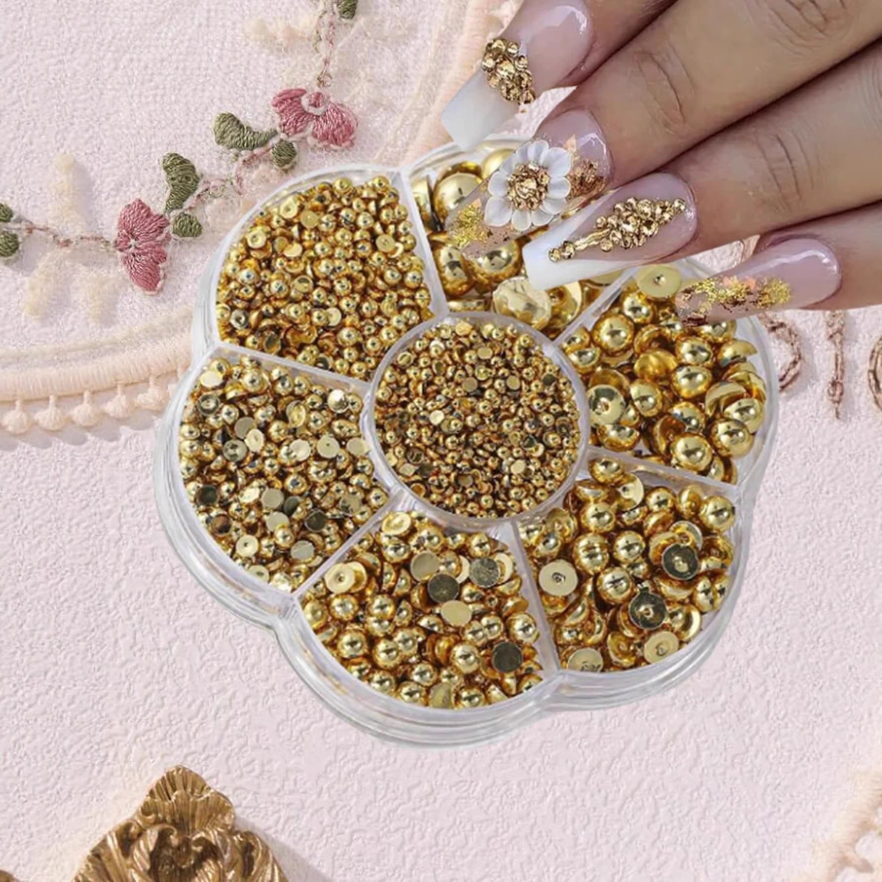 Cross-border popular 7-frame plum blossom box gold and silver semicircle pearl nail art jewelry resin nail decoration accessories wholesale