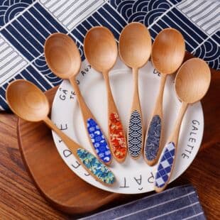 Color Printed Wooden Spoon, Kitchen Beech Wood Wide Handle Spoon, Japanese Style Solid Wood Dessert Spoon, Internet Celebrity Breakfast Wooden Spoon, Beautiful