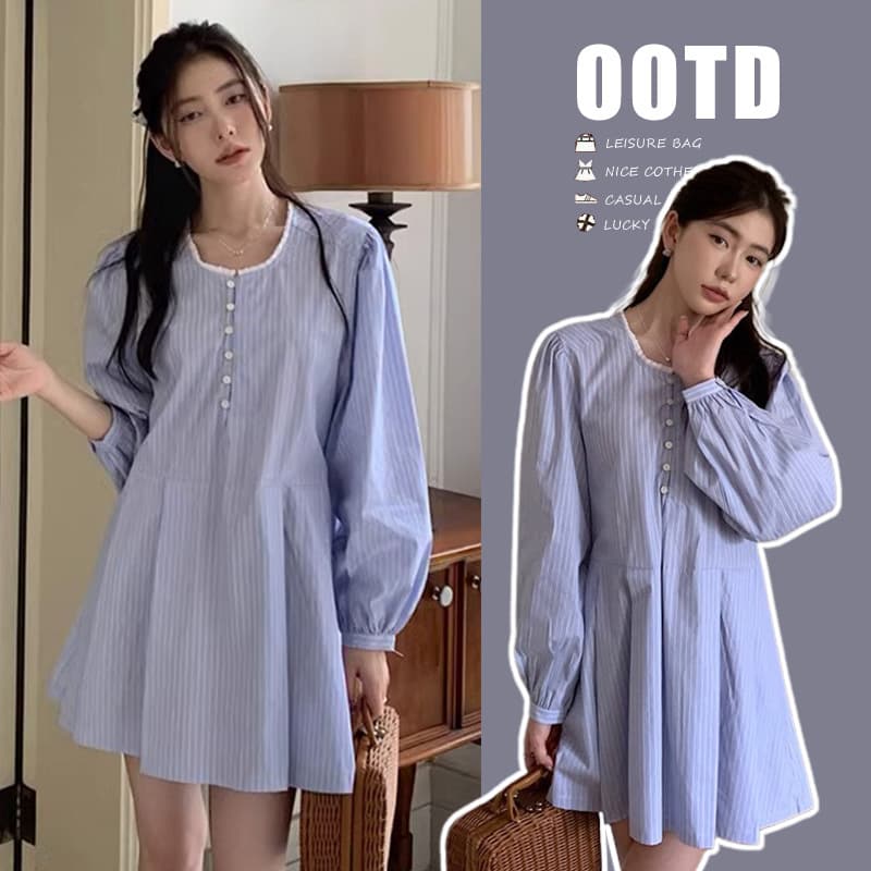 2025 Spring New French Style Round Neck Striped Maternity Dress for Women