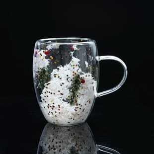 Christmas Snow Scene Glass Cup Cross-border Wholesale, Holiday Gift Christmas Snow Pine Branch Cup, Borosilicate Double-layer Cup