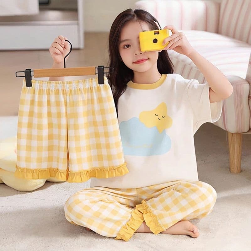Girls' Pajama Set - Thin Cartoon Short-Sleeve Top and Long Pants Three-Piece Set for Middle and Older Children, Breathable Quick-Dry Homewear