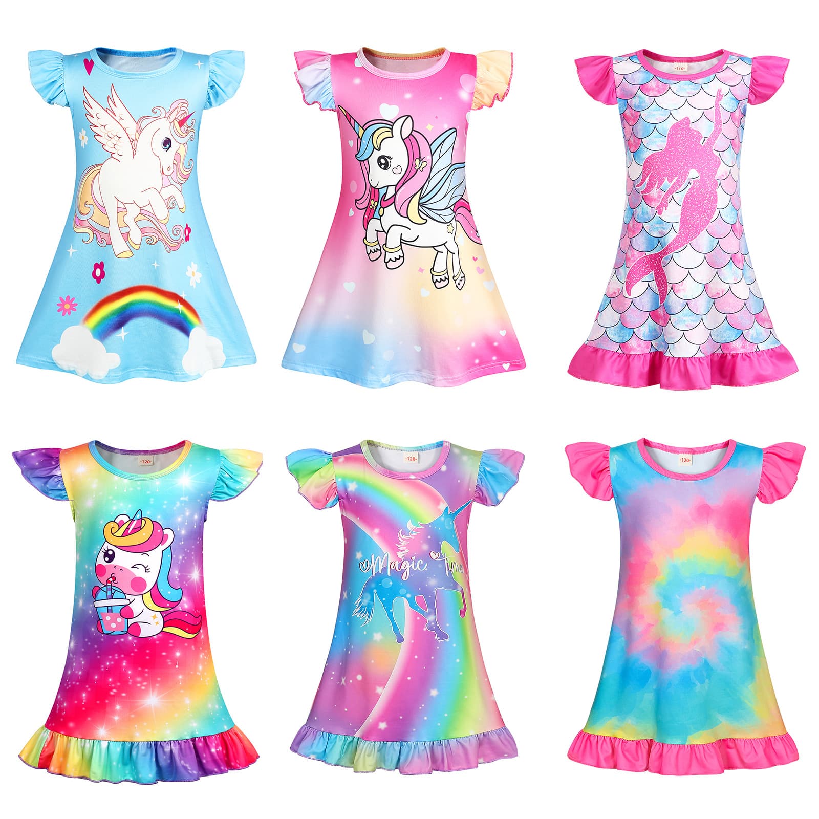 Cross-border children's clothing, mermaid rainbow rainbow pony nightgown, girls' dress, casual home wear, pajamas for ages 3-6