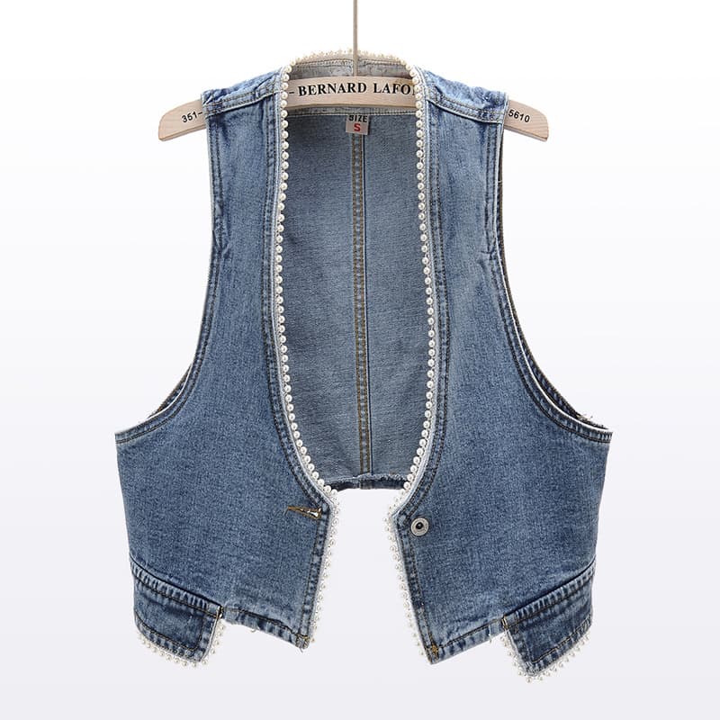 2025 Spring/Summer New Korean Style Beaded Sleeveless Denim Vest for Women, Short Vest Top Outerwear