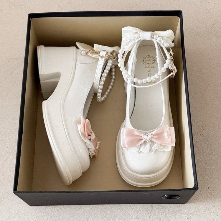 New Chinese Style Fairy White Pearl Mary Jane High Heels Chunky Heel Thick Sole Versatile Bridesmaid Wedding Shoes Leather Shoes